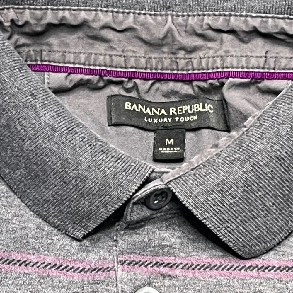 Banana Republic Mens Grey Striped‎ Luxury Polo Shirt TikTok Preppy Y2K Lo-Fi